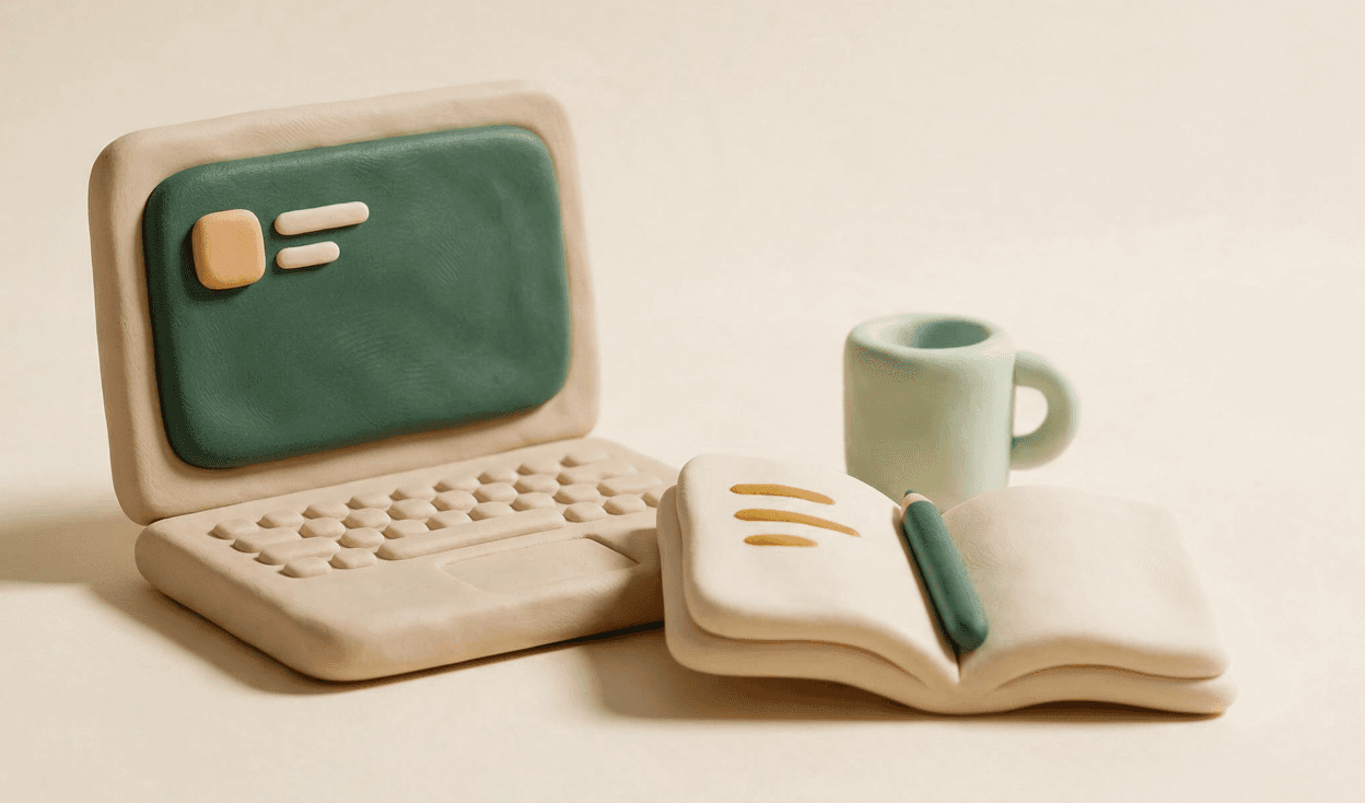 Clay scene: an open laptop beside a notebook, a pencil and a mug