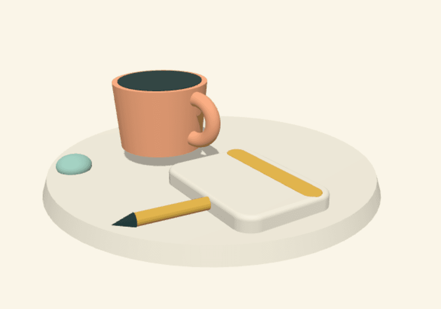 Clay scene: a mug, a notebook and a pen; the intro call