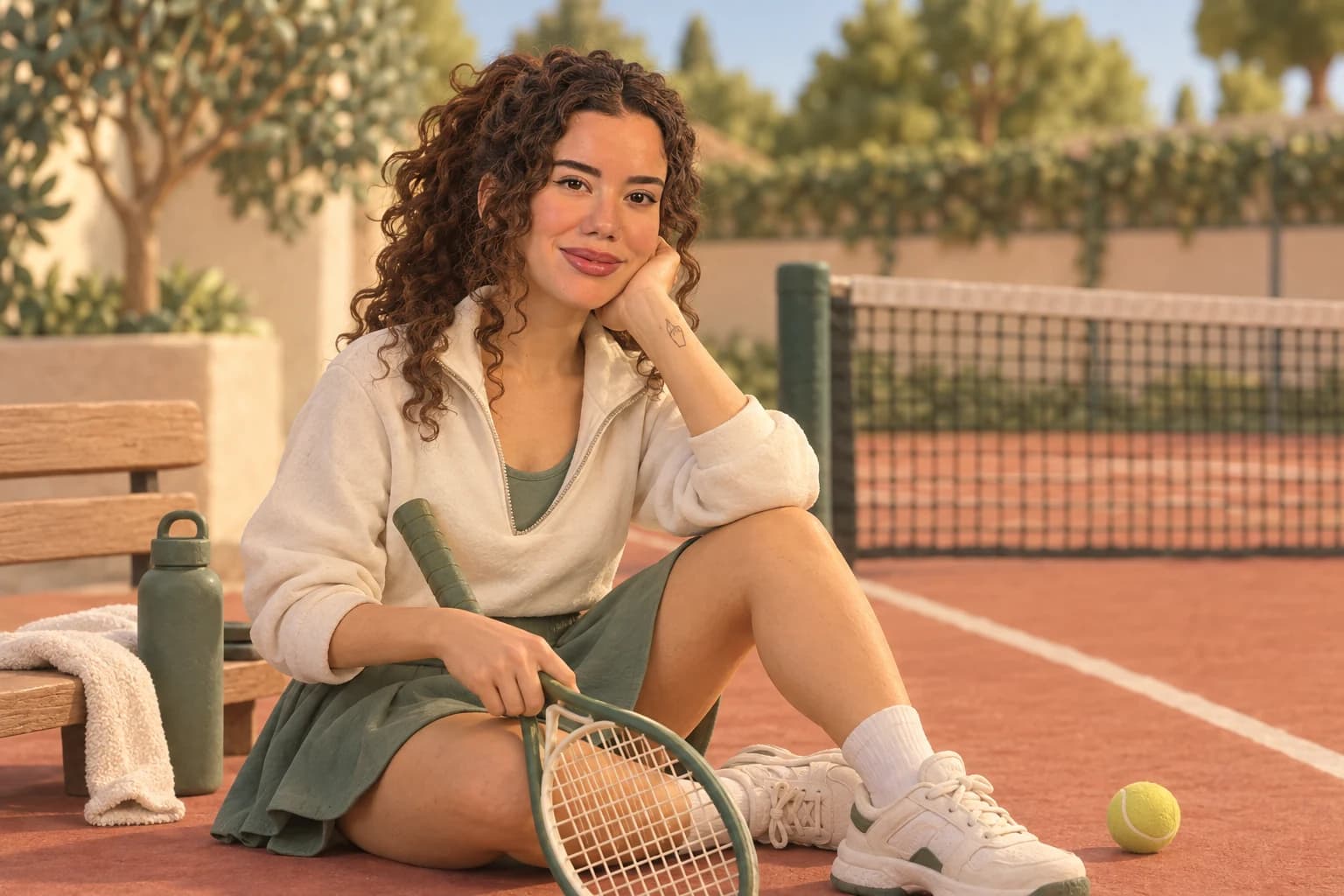 Tenis kortunda raketiyle oturan Buse’nin illüstrasyonu